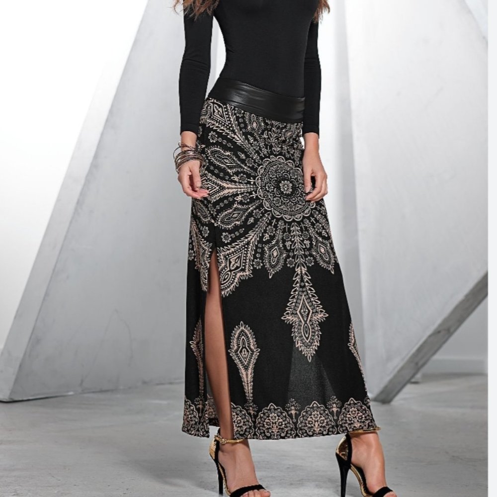 VENUS Black/Tan Long Side Slit Skirt with patent leather waistband